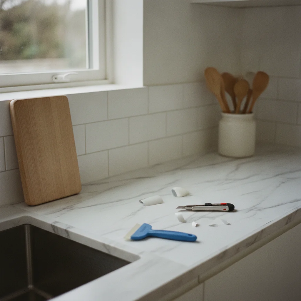 Recouvrir un plan de travail de cuisine avec un adhésif effet marbre