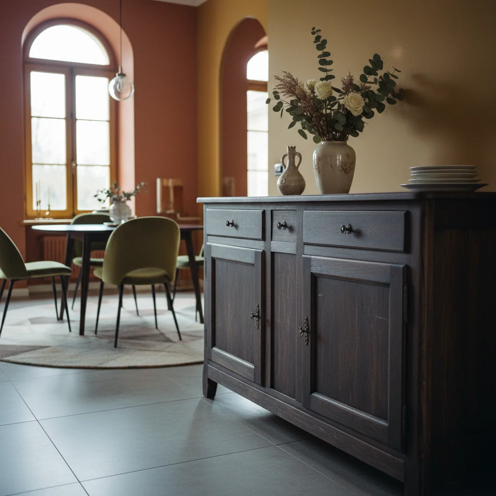 Relooker un vieux buffet en chêne avec un adhésif effet bois foncé